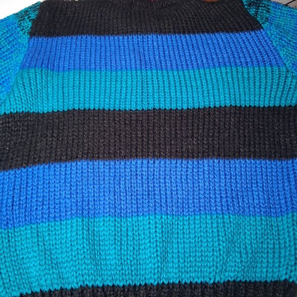 Vintage Extra Touch Hand Knit Sweater Women Size 40 Blue Black Plaid Striped - Picture 9 of 14